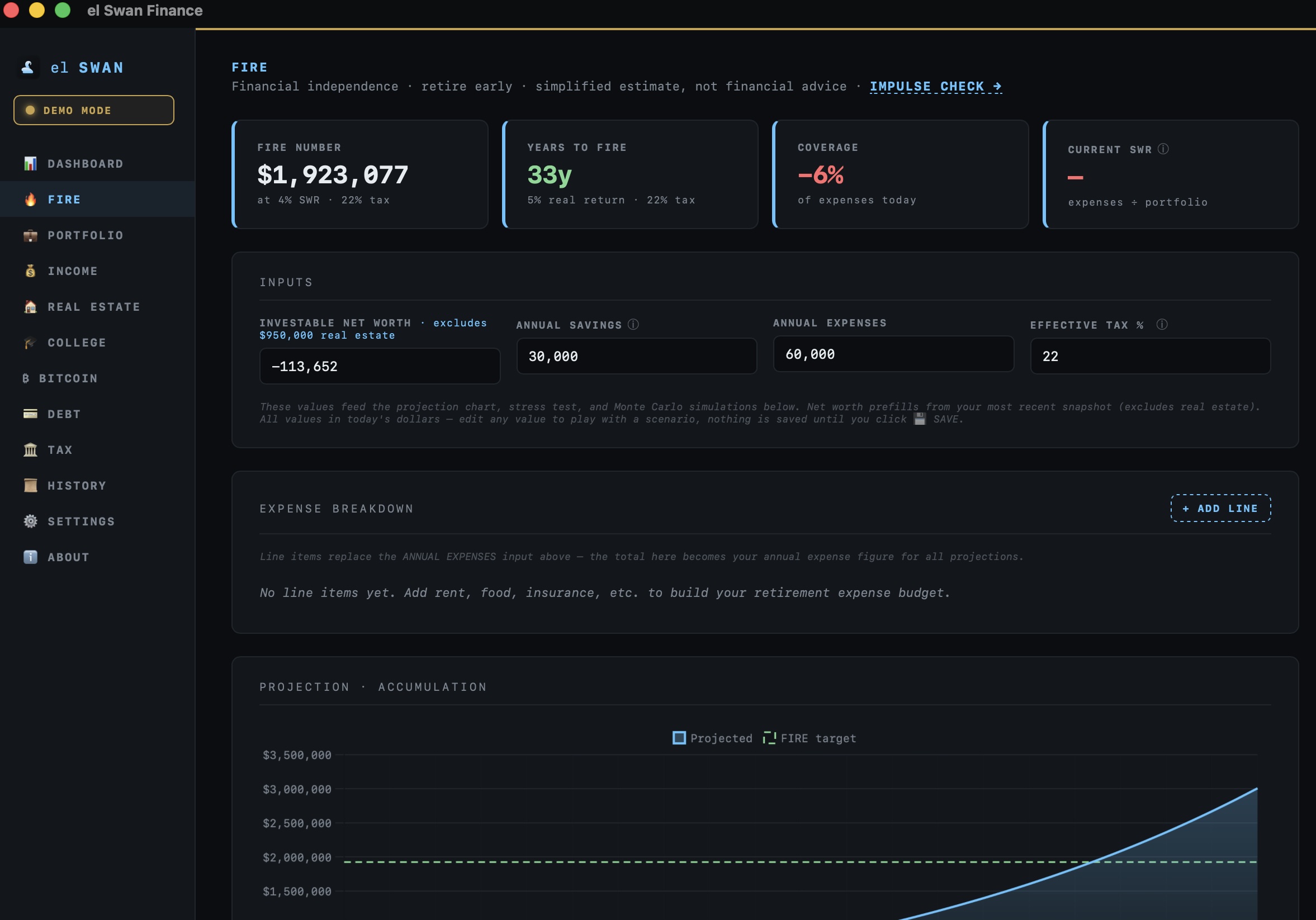 elSwan Finance — FIRE planning view